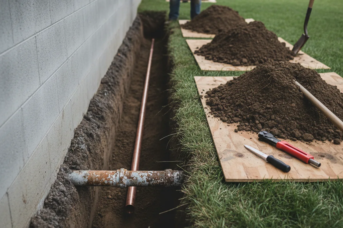 Excavated water line trench during Water Softener Installation in Burt